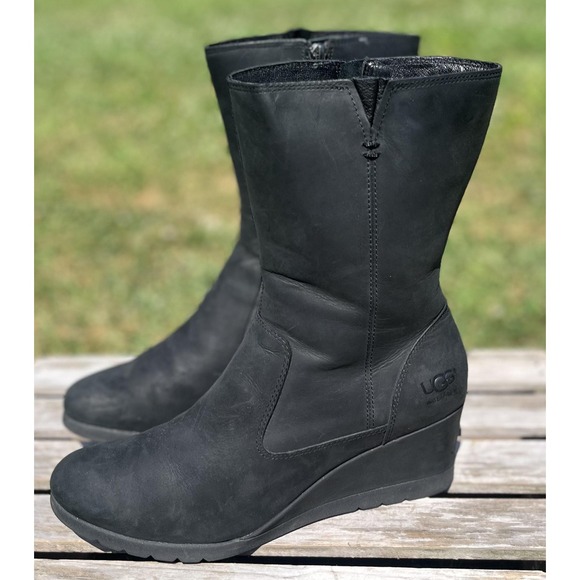 UGG Boots Womens Size 10 Black Waterproof Mid Calf Wedge Leather 1012528 Winter - Picture 1 of 12